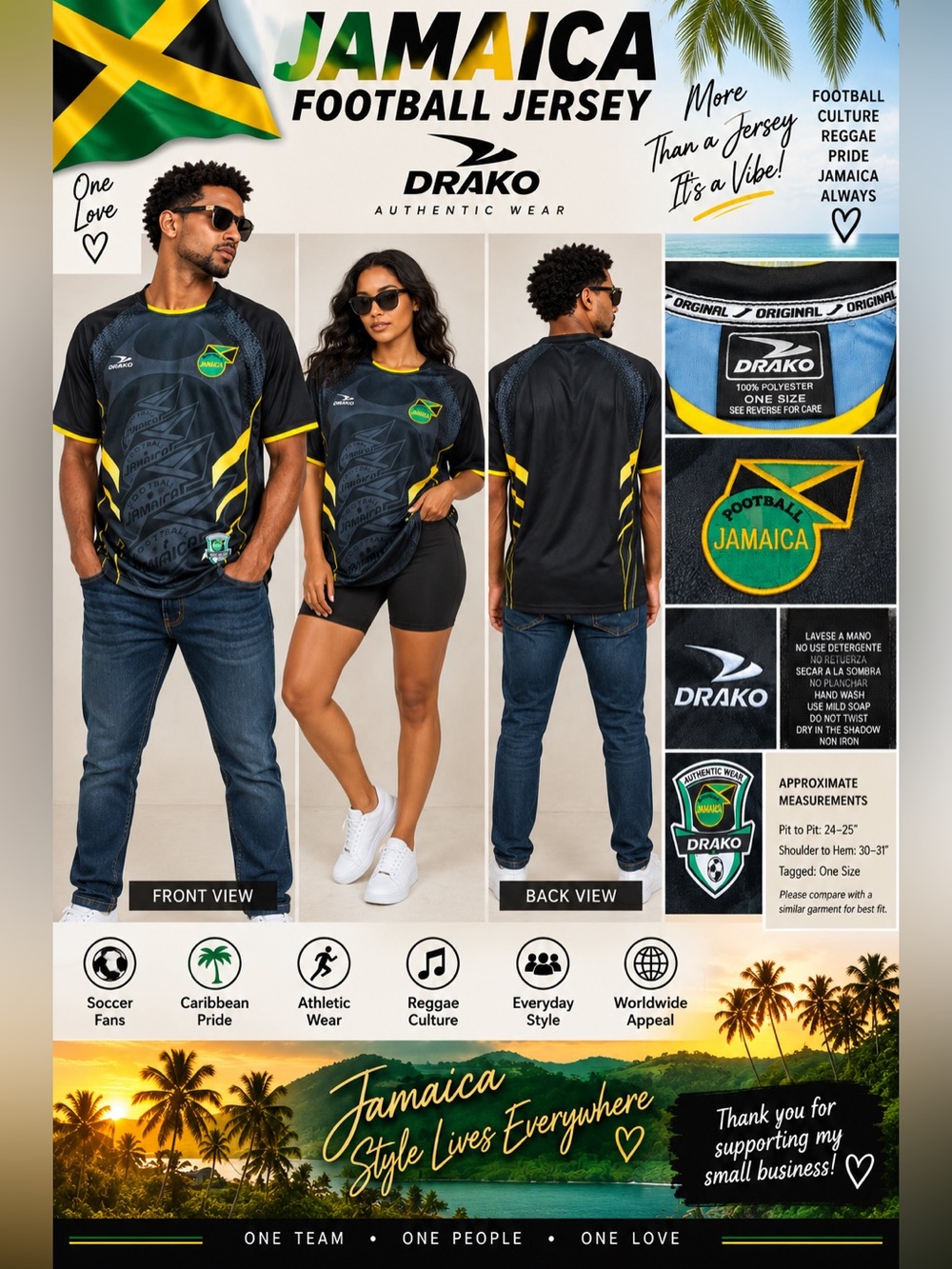 Drako Jamaica Football Soccer Jersey One Size Black Yellow Authentic Wear